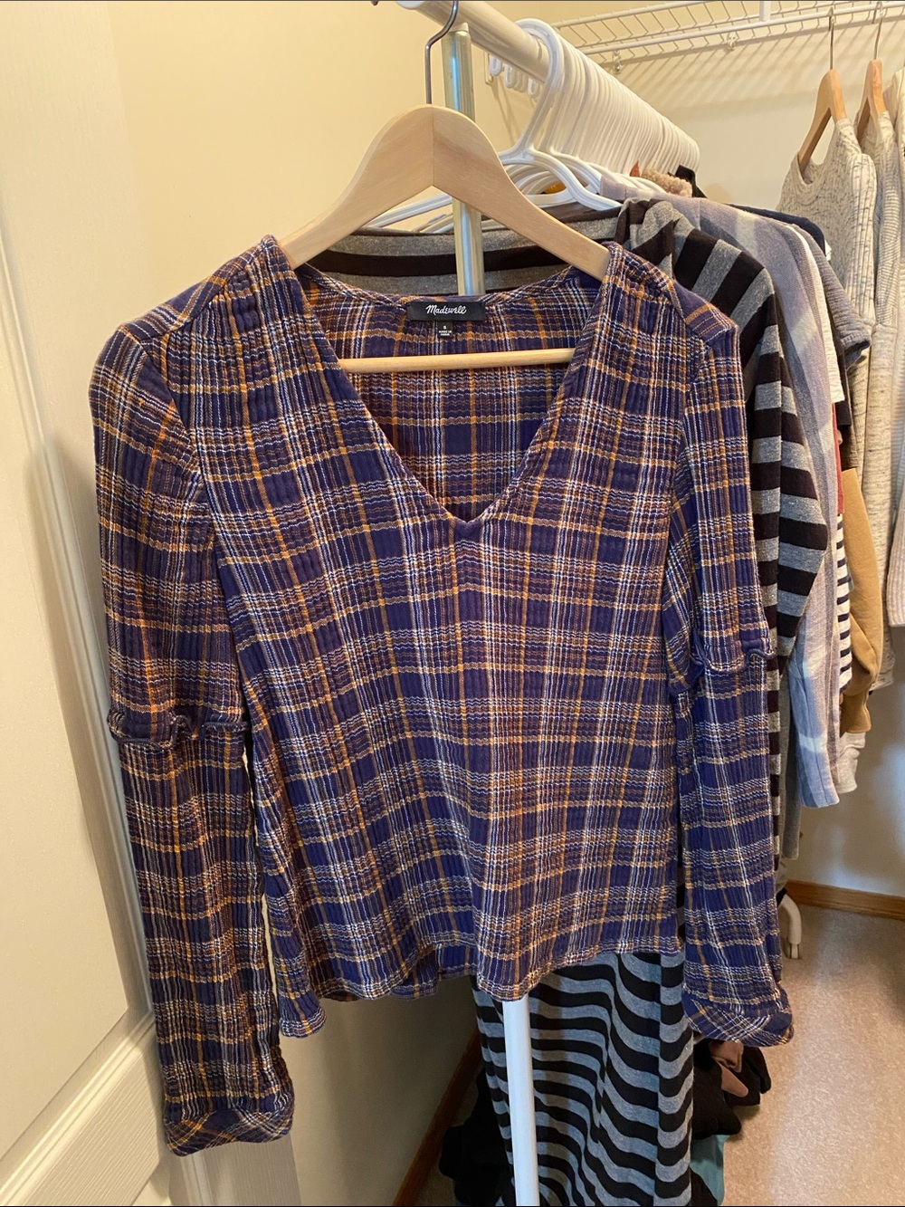 Madewell Blue Plaid V-Neck Long Sleeve Top